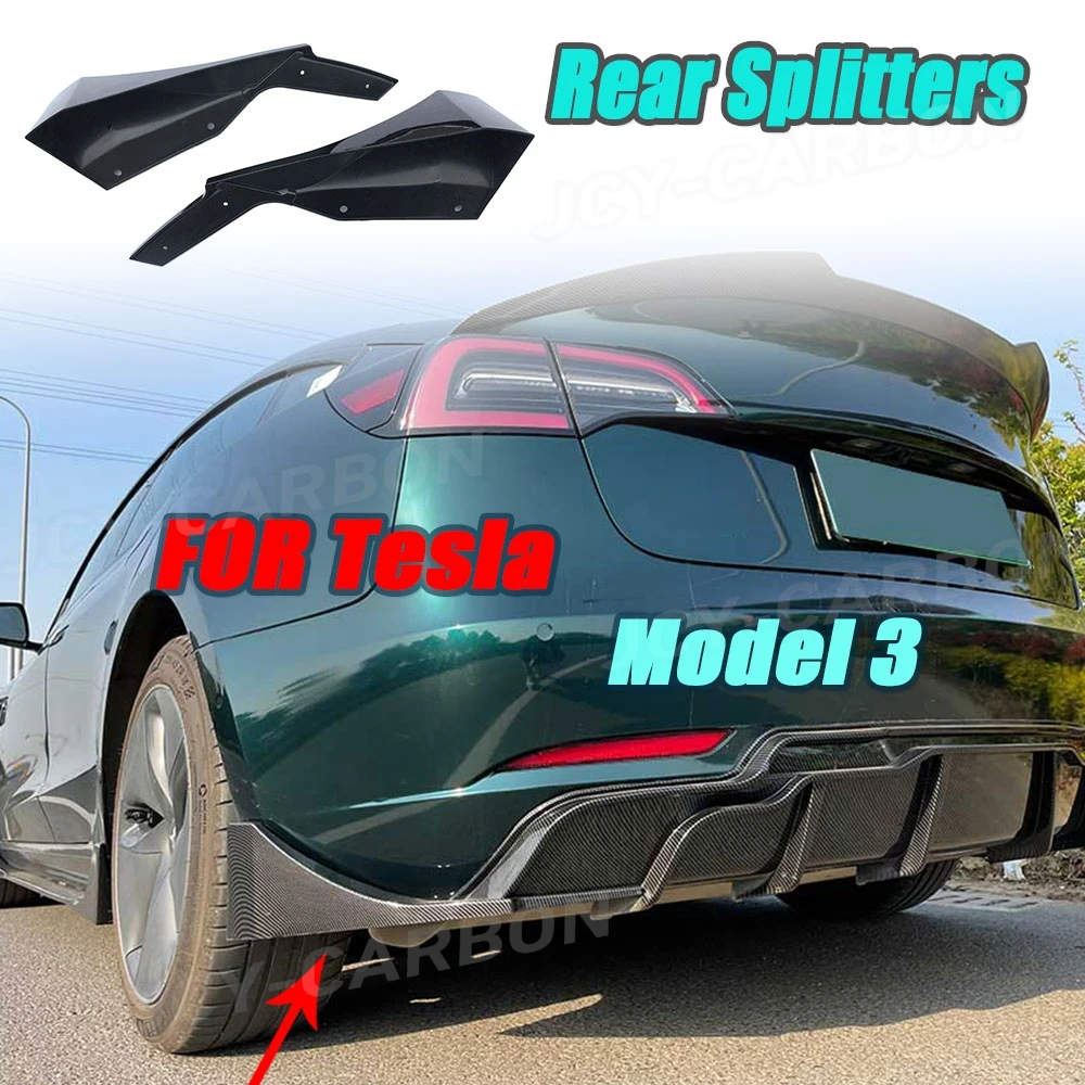 

JCYECF ABS Carbon Look Gloss Black Rear Bumper Lip Splitters For Tesla Model 3 Rear Bumper Diffuser Trims Flaps Apron Canards