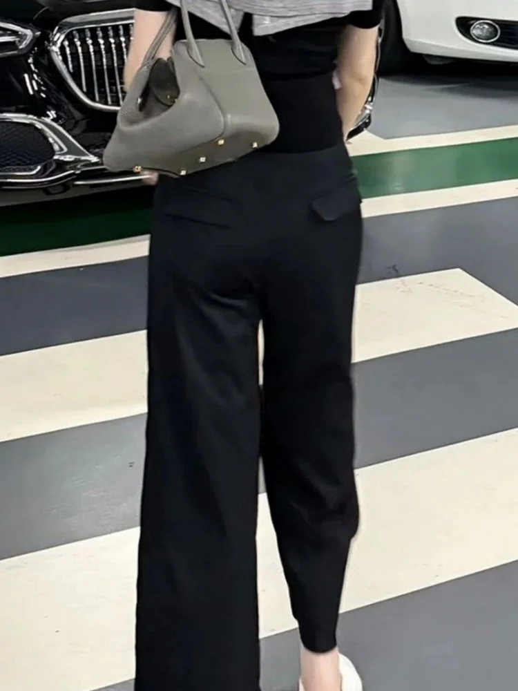 

Черные прямые брюки-костюм для женщин, летние, новые, с высокой талией, свободные, стройнящие, широкие брюки, в корейском стиле, для офиса