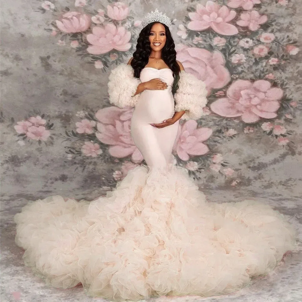Stretch Pink Mermaid Maternity Dresses Photoshoot Puffy Sleeves baby shower платье для беременных فساتين حوامل vestidos para em