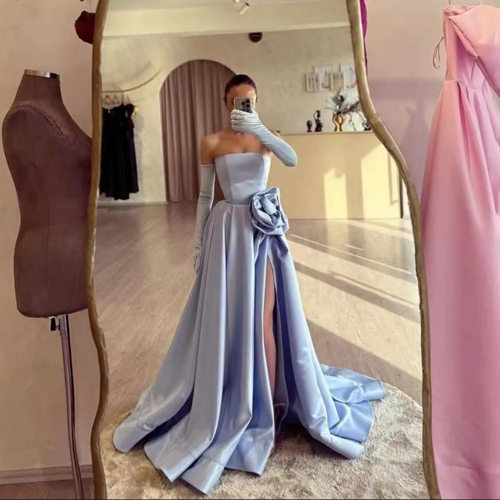 Sky Blue Prom Gowns Split Ruffles Floral Long Party Dress No Gloves Pretty Strapless A line Women Dresses To Party Off Shoulder