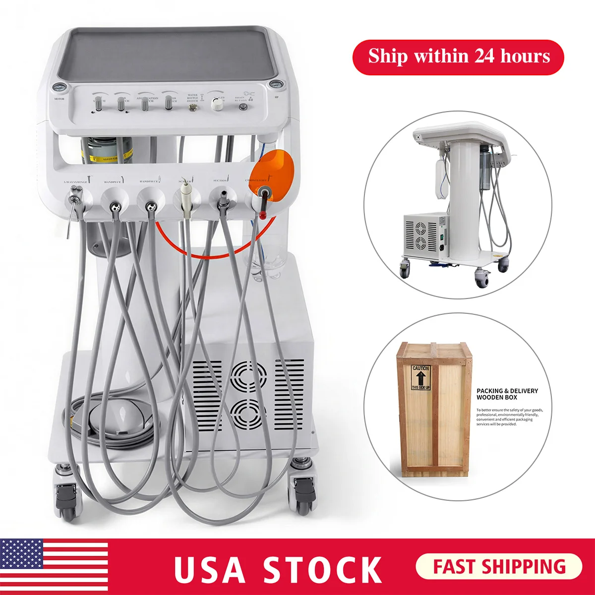 Portable Mobile Dental Delivery Unit System Cart Treatment Compressor 4-Hole New