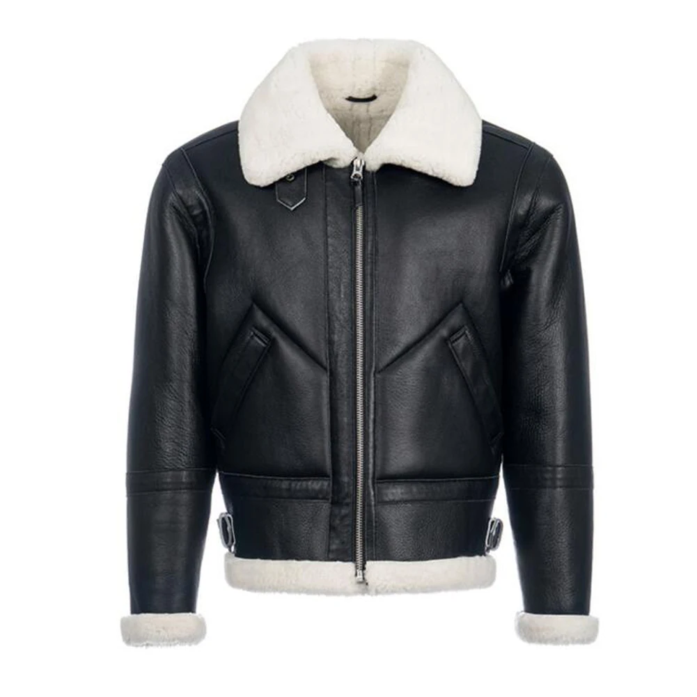 

Denny&Dora Men's Shearling Jacket Imported Merino Sheepskin Jacket Black Leather Jacket