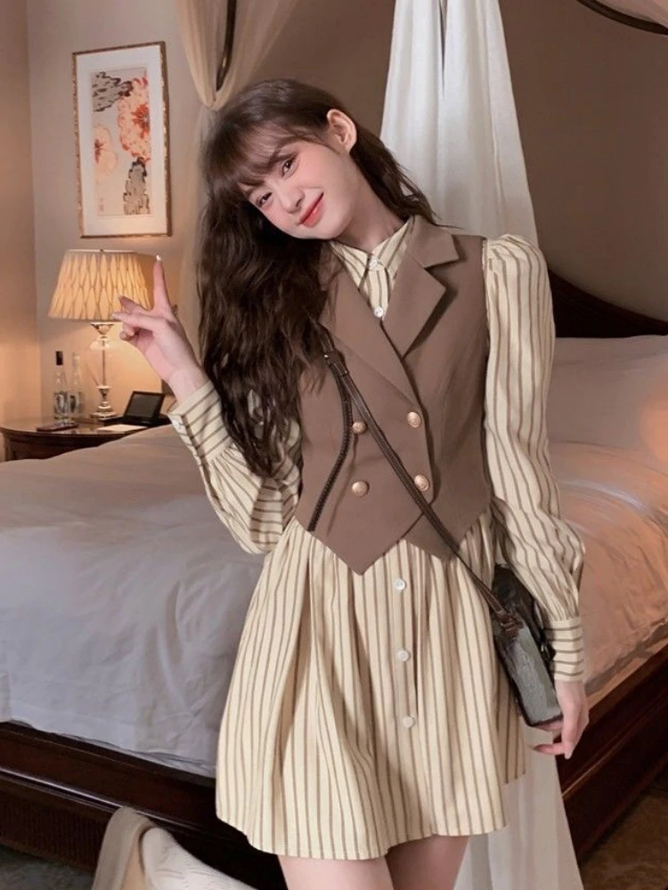 Woherb 2024 Vintage New 2-Piece Sets Striped Shirt Mini Dress Korean Spring Summer Fashion Double-breasted Vest Women\'S Shirts