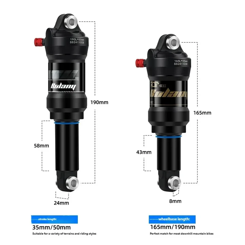 BOLANY MTB Downhill Rear Shock Damping Air Shock 165/190mm Mountain Bike Air Suspension Absorber Hydraulic.