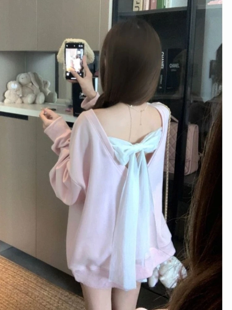 

Korean Elegant Long Sleeve T-shits Women Sexy Office Lady Tees Pure Color Tees Bow Harajuku Subculture Shirts Slim Tops Female