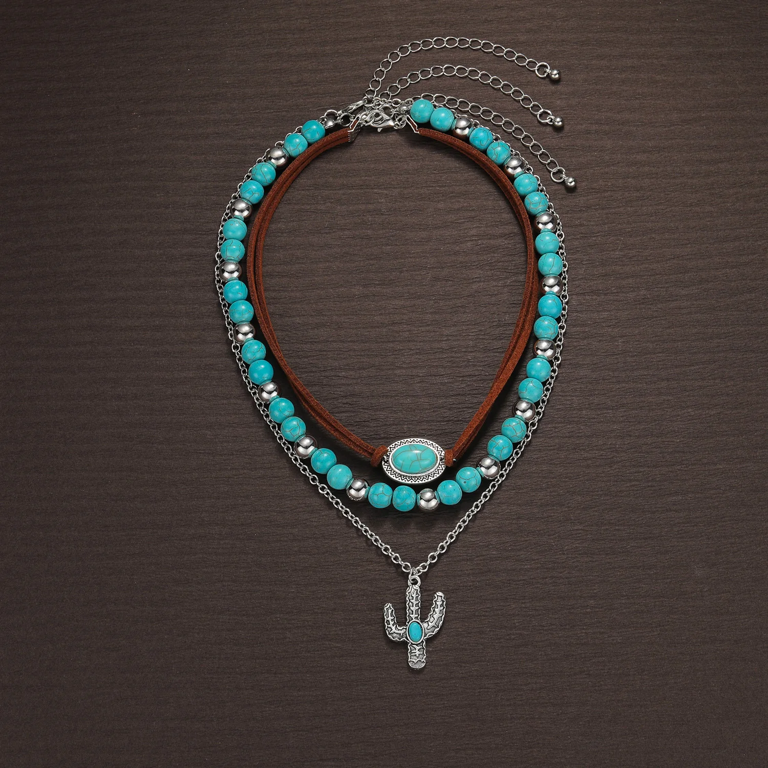 3-piece Bohemian style alloy cactus pendant necklace with multi-layer layered turquoise beaded velvet woven women\'s necklace