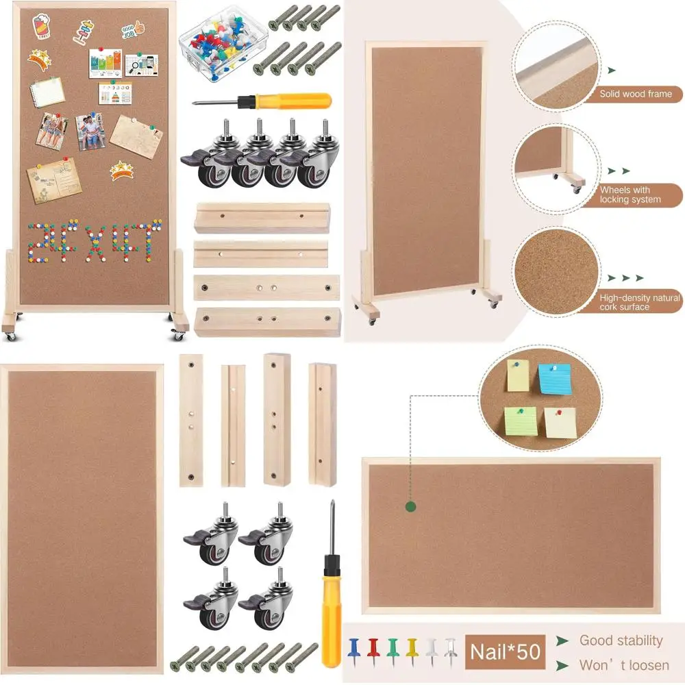 

Wheeled Reversible Corkboard, 24x47 Large Mobile Bulletin Board with Push Pins for Office & Home, Portable Photo Wall Display