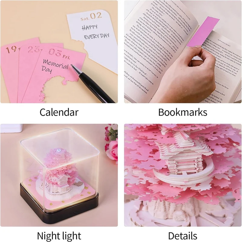 3D Art Calendar Memo Pad 2024, Creative Timepiece Calendar Sakura Tree Rip Away Paper Carving Sticky DIY Note Pink Easy To Use