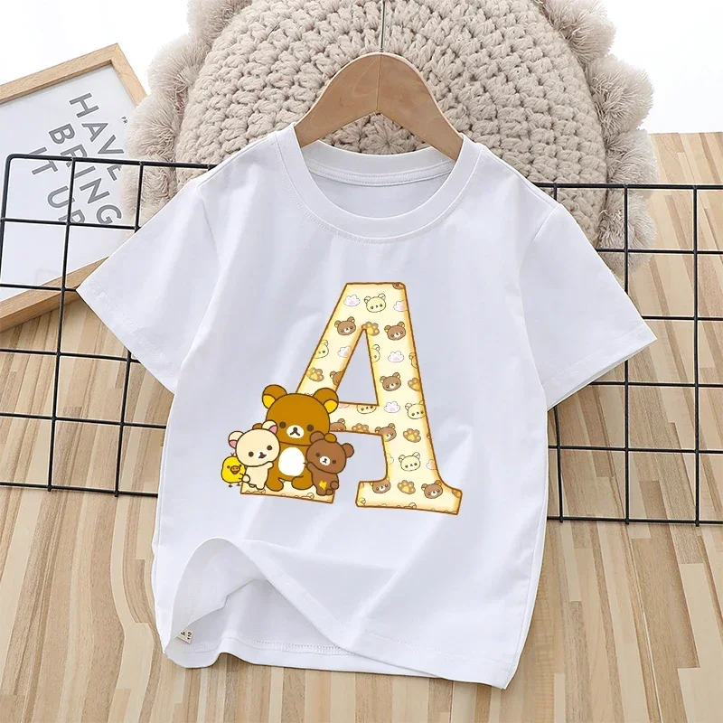 

Cute Bear Rilakkumas Children's T-shirt Cotton Letters A-Z Anime Printed Tee Shirt Kids Girl Streetwear Casual Clothing Boy Gift