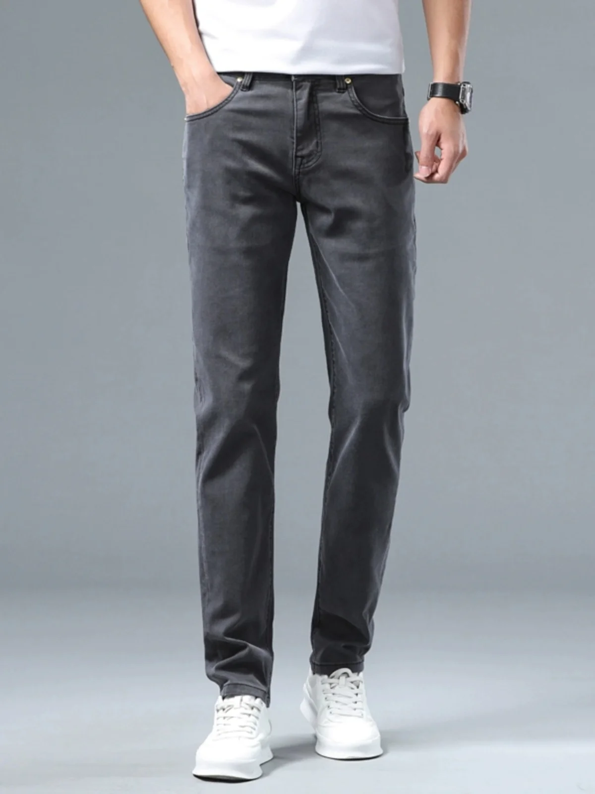 

Мужские повседневные джинсы прямого кроя из эластичного хлопка, средняя посадка, на молнии, универсальные брюки для весны и лета