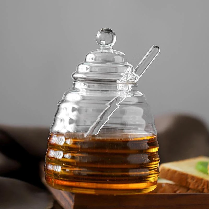 1Set Glass Honeycomb Tank Honey Storage Container With Dipper And Lid Honey Bottle For Home Wedding Party Kitchen Tools