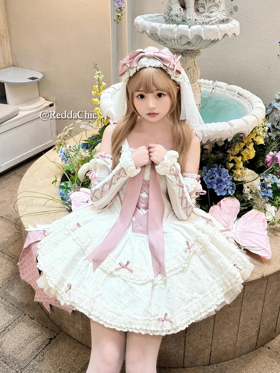 REDDACHiC Kawaii Petticoat Mini Puffy Dress Set Women Jacquard Lace Trim Bow Lace-up Sleeveless Princess Dress Lolita Costumes