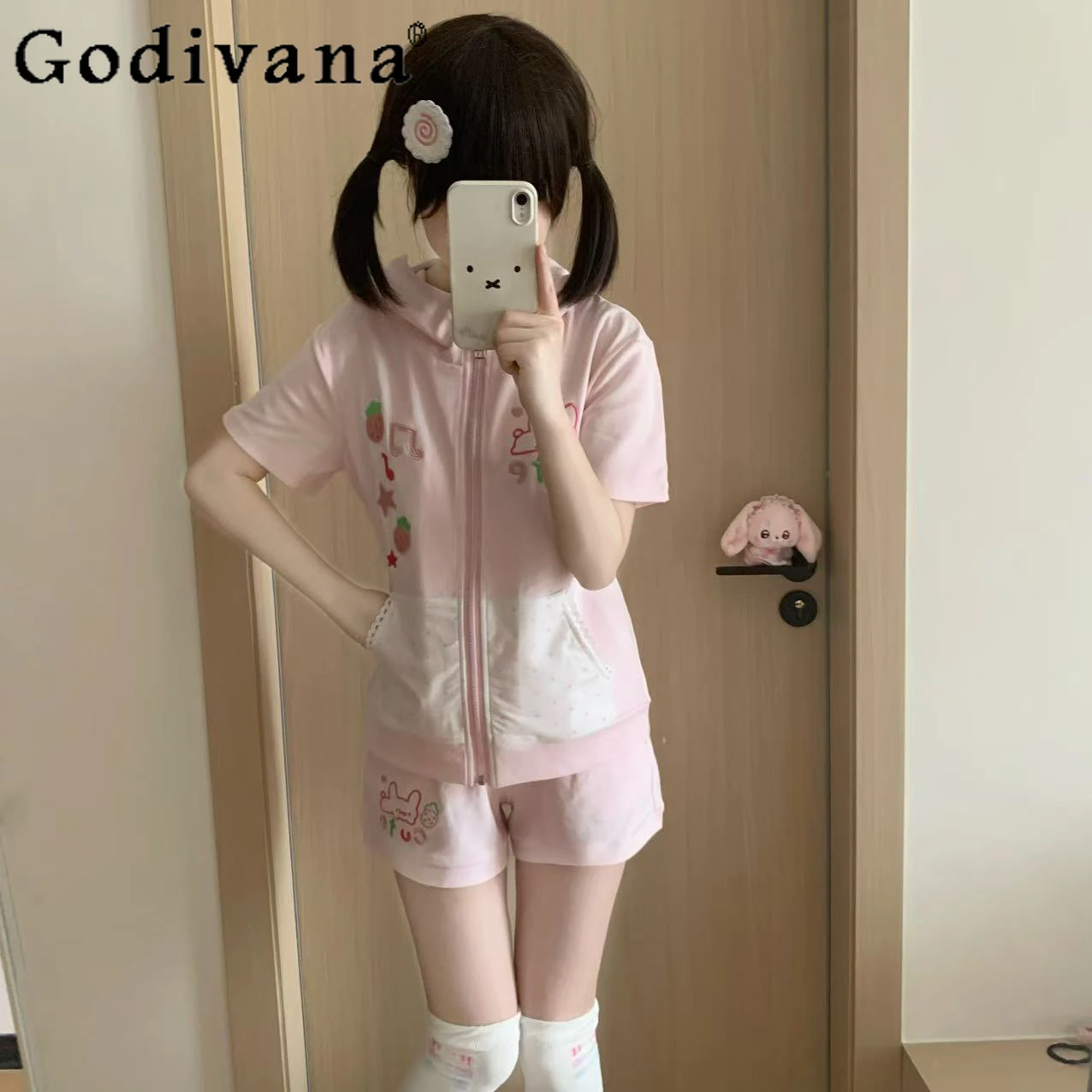

Japanese Sweet Girls Shorts Set Summer Y2k Cartoon Print Zip Hooded Short-sleeved Top Shorts 2-piece Set Daughter Kawaii Clothes
