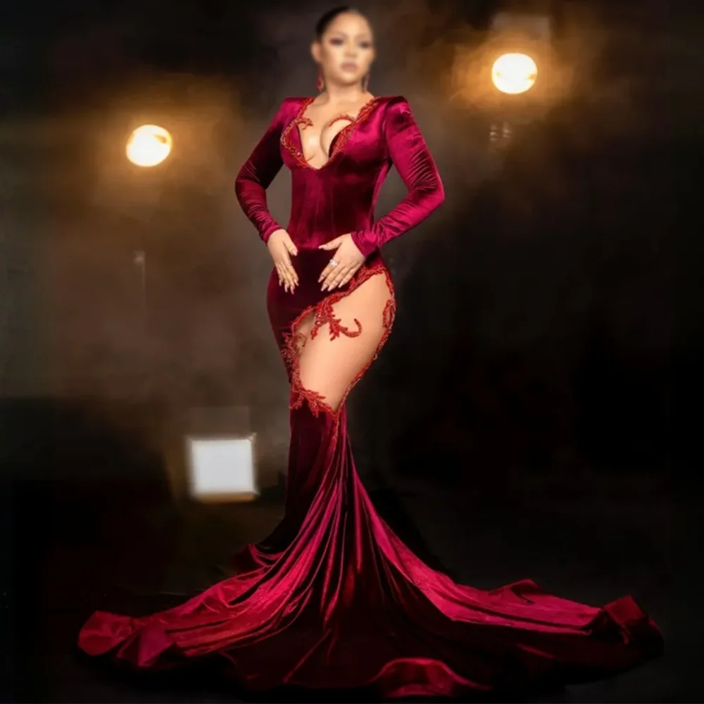 

Sexy Lace V-Neck Evening Dress Long Sleeves Backless Mermaid Floor-Length Appliques Prom Party Gown Dresses