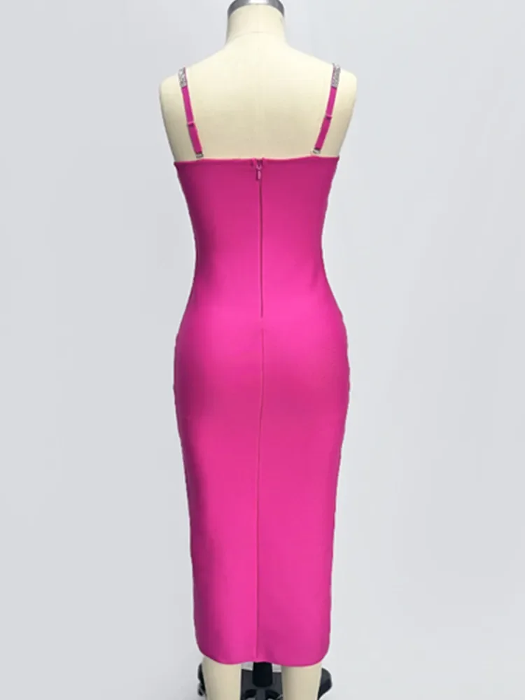 Frauen Promi Sexy V-ausschnitt Backless Taste Hot Pink Midi Bodycon Verband Kleid 2024 Elegante Abend Club Party Outfit