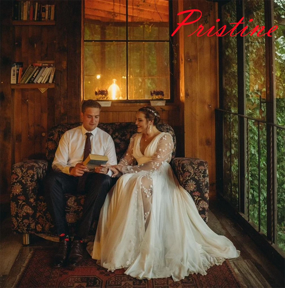 맞춤형 화이트 저지 신부 가운 기질 v 넥 긴 소매 웨딩 드레스 채플 트레인 아플리케 백리스 드레스