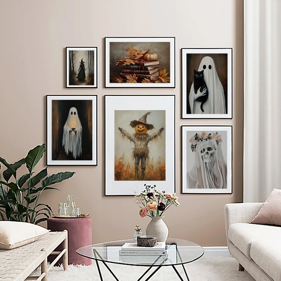 All Saints' Day Pumpkin The Ghost The Ghost Bride Scarecrow Bat Fashion Wall Art Canvas Painting Nordic Poster Room Decor