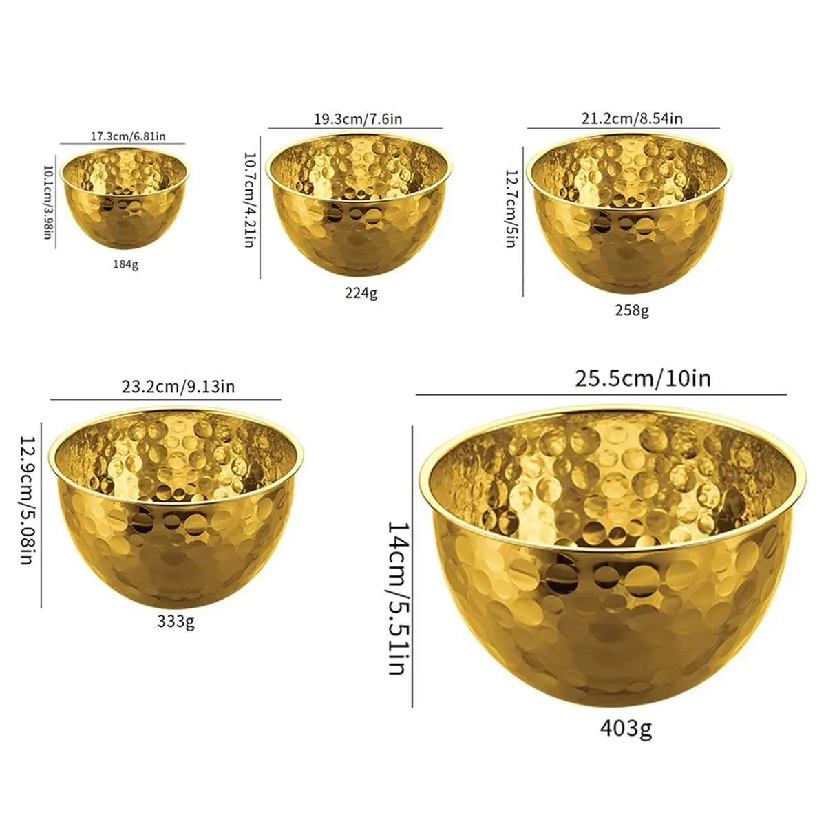 A67T NEW 5 Pcs Stainless Steel Mixing Bowls Set, Metal Hammered Gold Bowls for Kitchen, Cooking,Baking, Salad1.6-4.9 QT Capacity