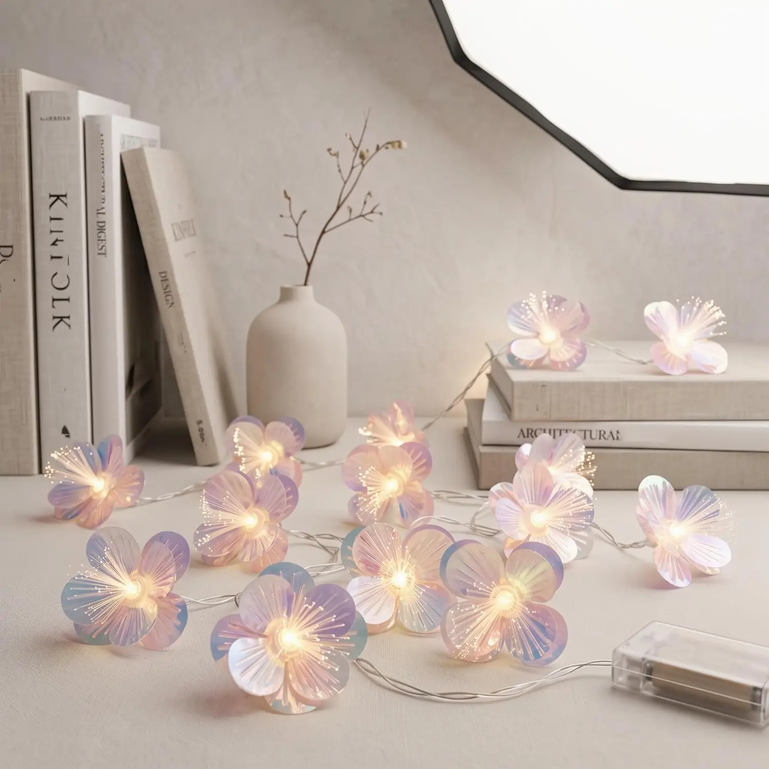 Fiber Optic Flower Fairy Lights Battery Powered 6m 40 LEDs Iridescent Floral Garland for Wedding Backdrop Girls Dorm Xmas Decor
