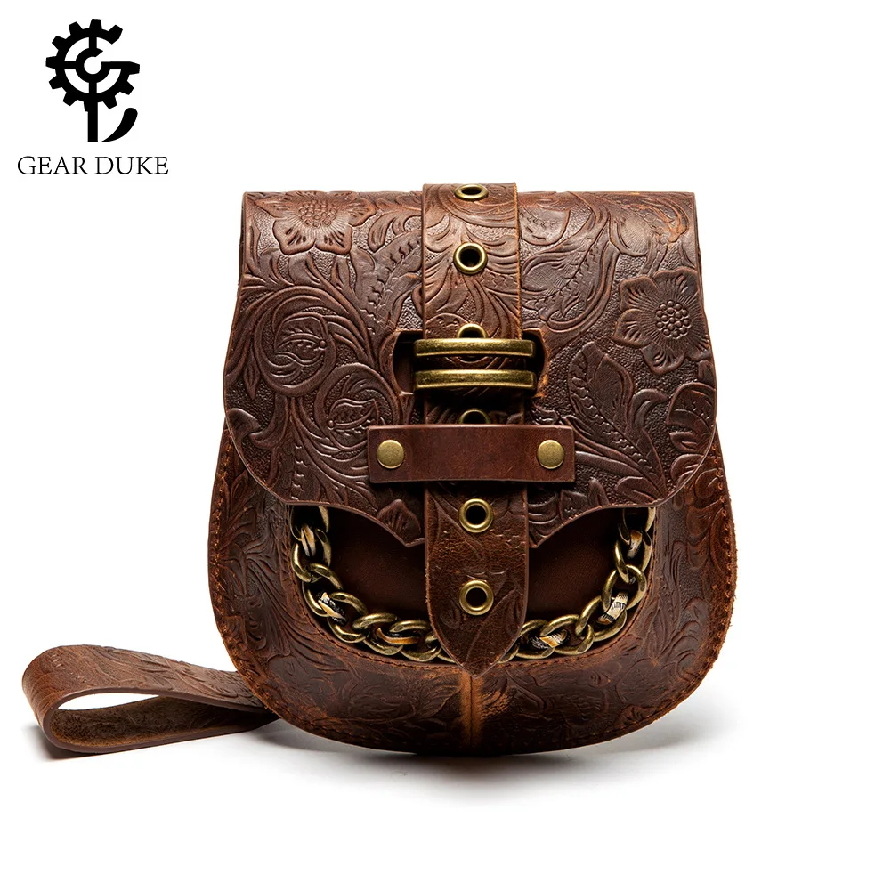 Gear Duke Woman Cow Leahter Embossed Handbag Medieval Steampunk Motorcycle Waist Single Shoulder Bag Chain Revit Decorated