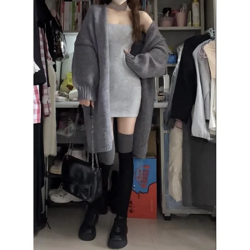 

Mid-Long Cardigans Plus Size Woman Womens Autumn Knittedwear Loose-Fit Boxy Minimalist Spliced Fluffy Buttons Crop Halter Tender