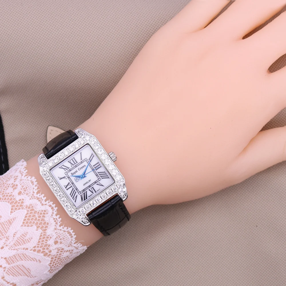 Royal Crown Luxury Jewelry Lady Women\'s Watch Fashion Crystal Hours Dress Leather Bracelet Rhinestone Girl Birthday Gift Box