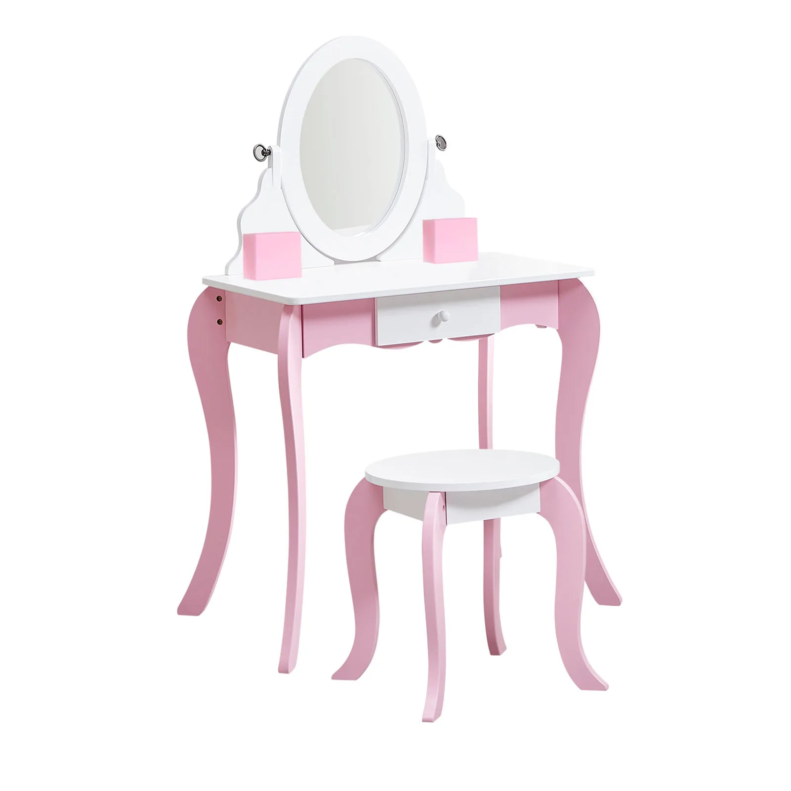 

Детский туалетный столик розового цвета из дерева с вращающимся зеркалом и стульчиком, противоскользящими накладками на ножках и изогнутыми ножками.