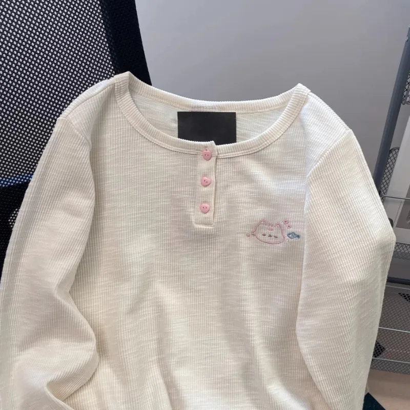 Kawaii Sweet Cuteore T Shirts Women Japanese Style Y2k Harajuku Cat Embroidery Long Sleeve Slim Tees Tops Soft Girl