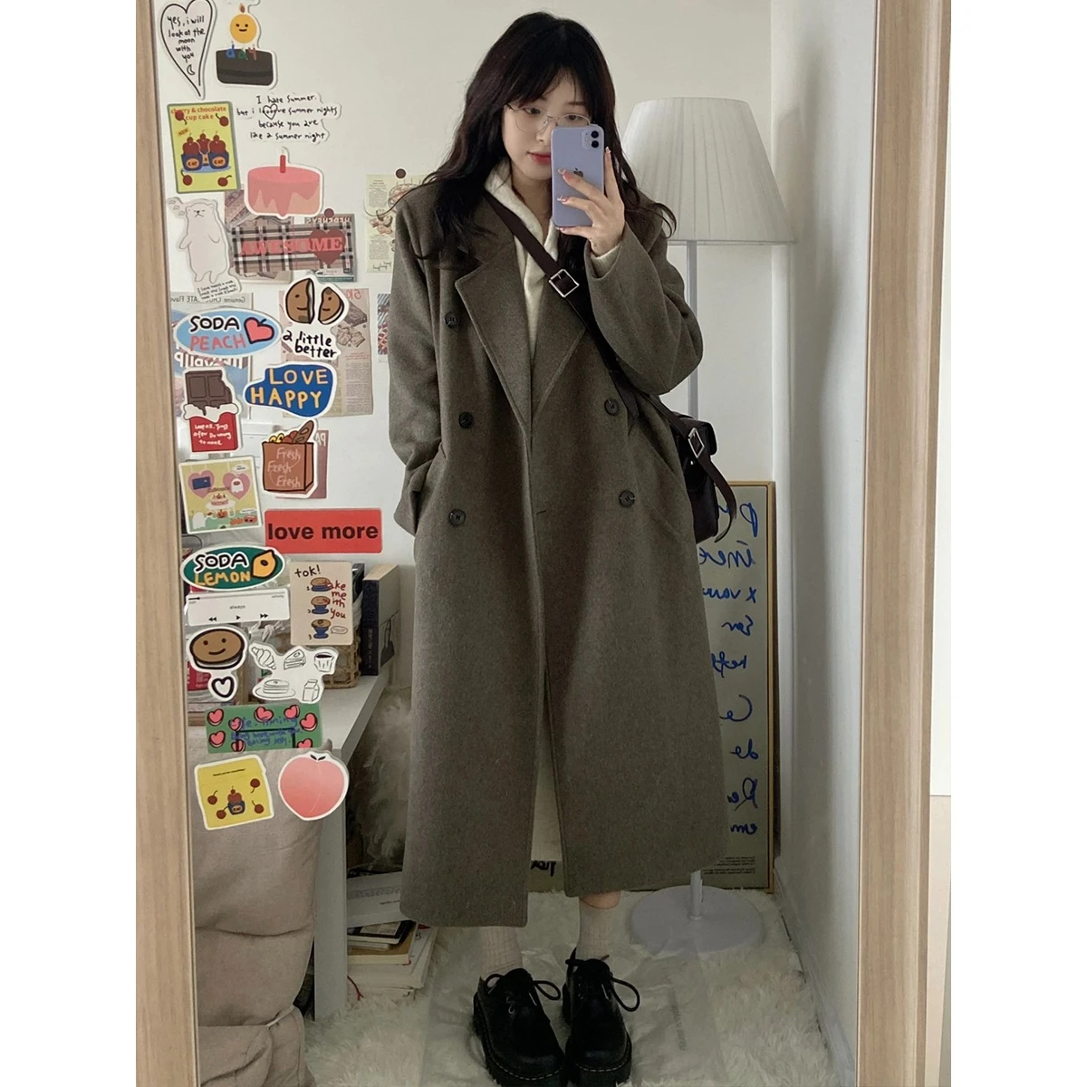 

Шерстяное пальто Off ey для женщин, новинка осени-зимы 2024, маленький размер, в стиле Хепберн, средней длины, двустороннее, корейский стиль