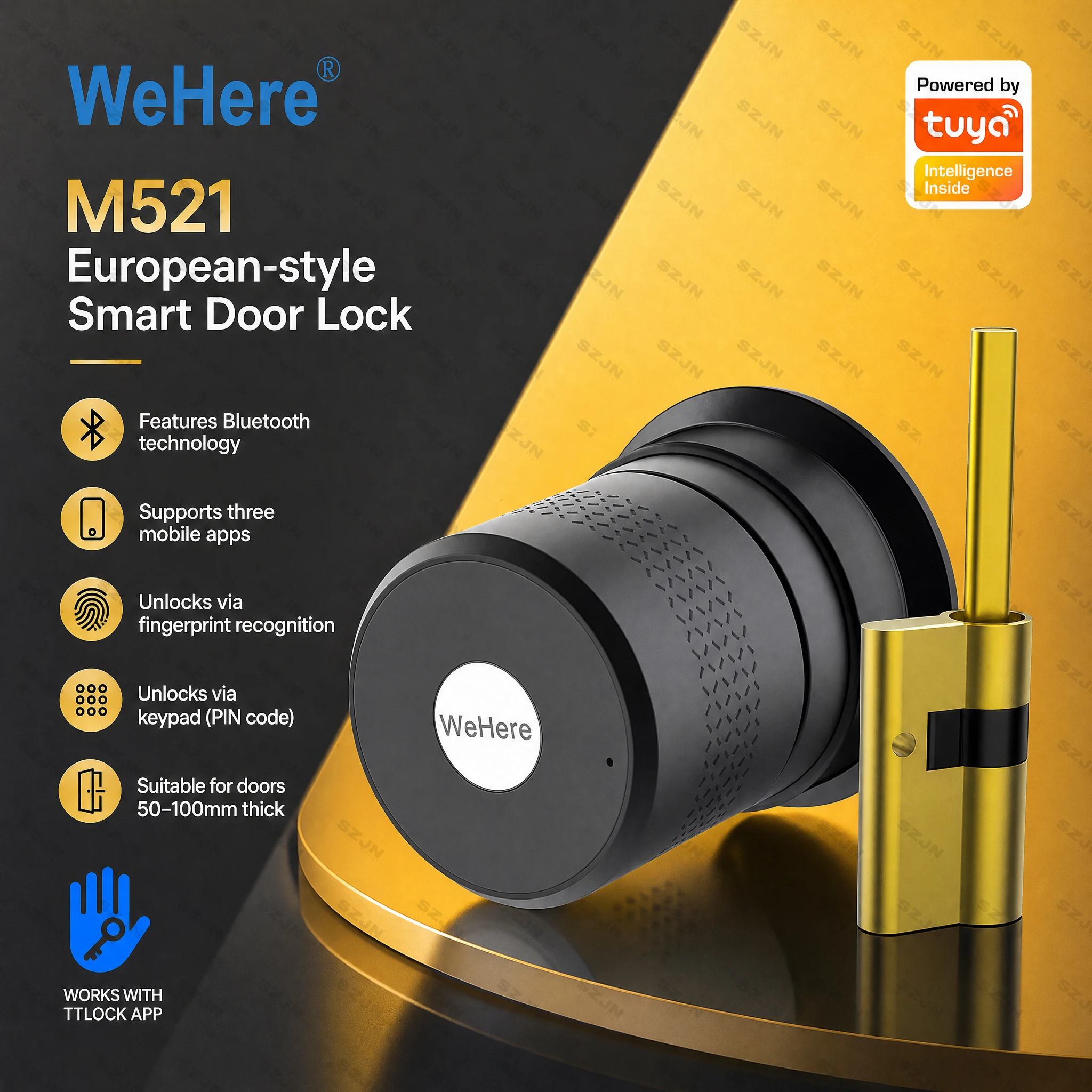 Wehere M521 Smartes Türschloss mit Bluetooth, Fingerabdruck, Tastatur, Passwort, Tuya TTLock App-Steuerung, Elektronisches Schloss für 50-100mm Türen