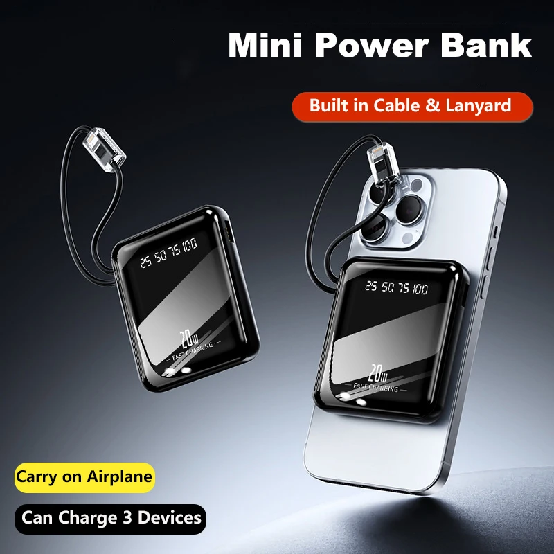 20000mAh Mini Power Bank Built in Cable Portable Charger Mirror Screen LED Digital Display Powerbank External Battery Power Bank