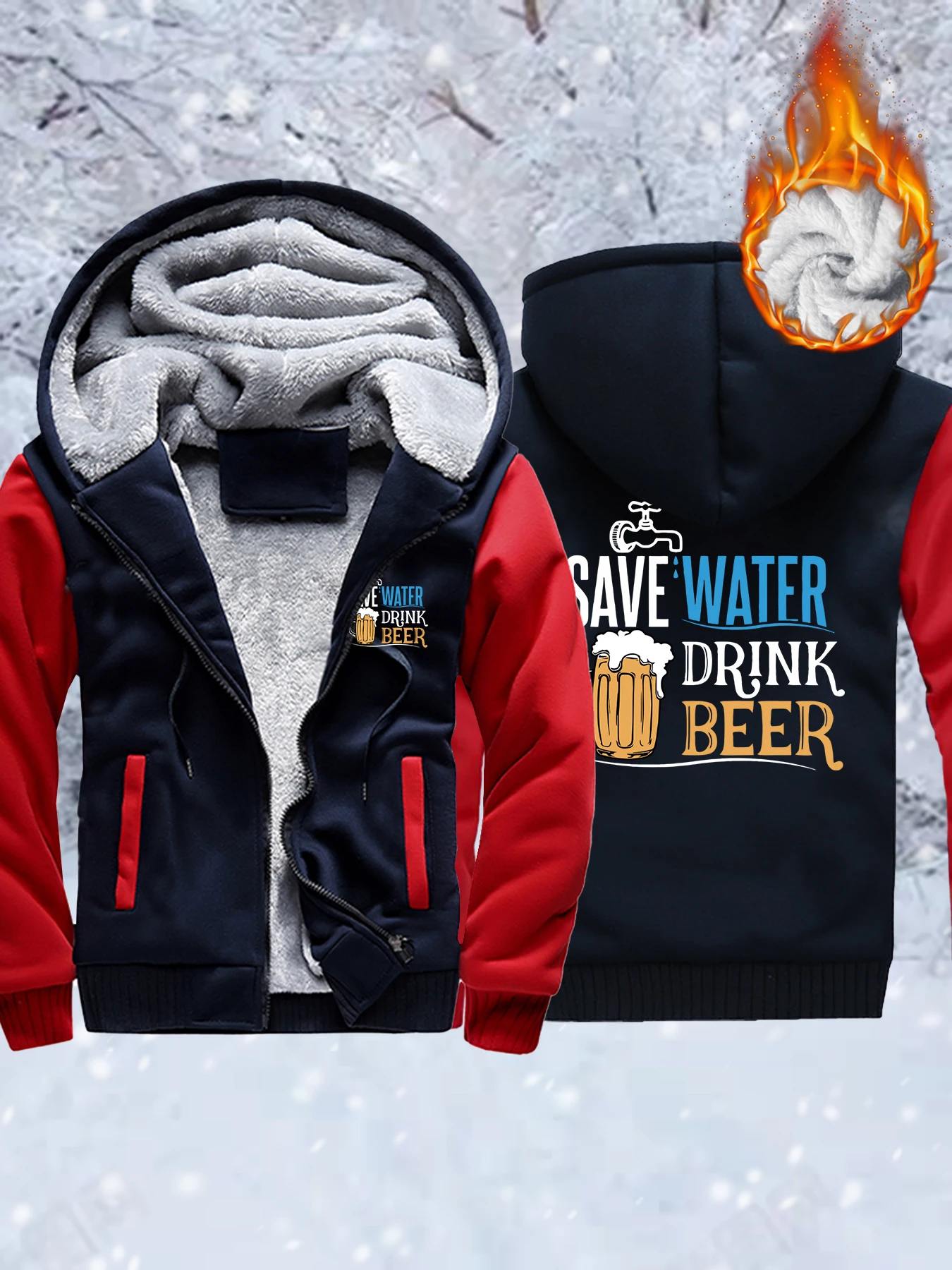 

Save Water Drink Beer Print Jacket Man Loose Fleece Thicken Coats Winter Zipper Clothes Mens Casual Camouflage Sportswear