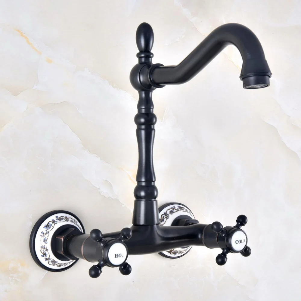 

Black Oil Rubbed Brass Two Handles Wall Mounted Kitchen Bathroom Swivel Spout Faucet Mixer Tap anf462