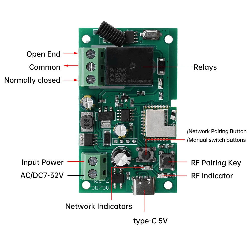 Relay Switch Module 1 Channel AC/DC7-32V/Type-C 5V RF/APP Wireless Remote Control Smart Home for eWelink Power Supply