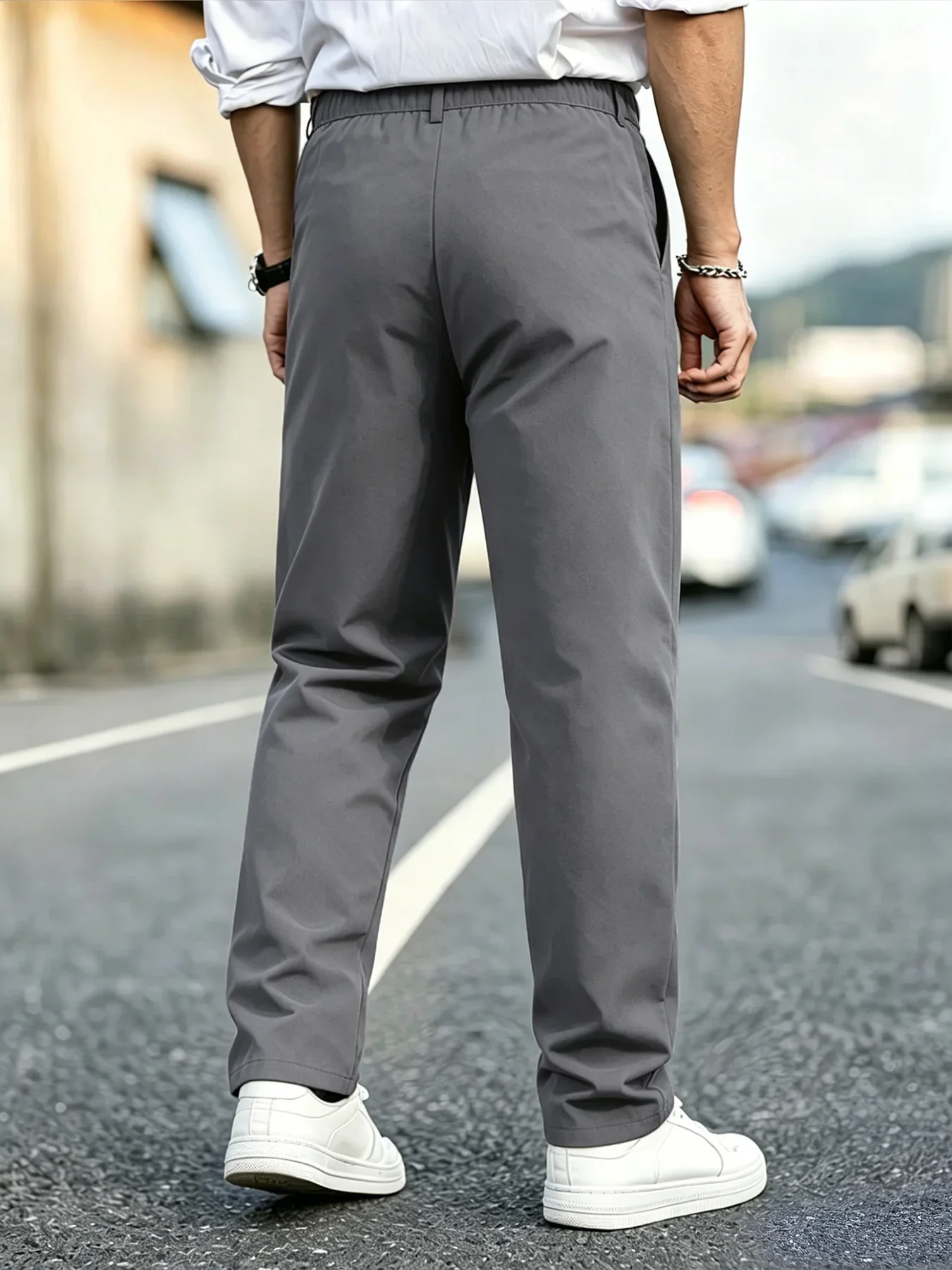 Men 3-Pack Plain Straight Chino Trouser Rear Elastic Waistband Open Leg Hem Lightweight Breathable Bottoms Coffee Meetup Outdoor