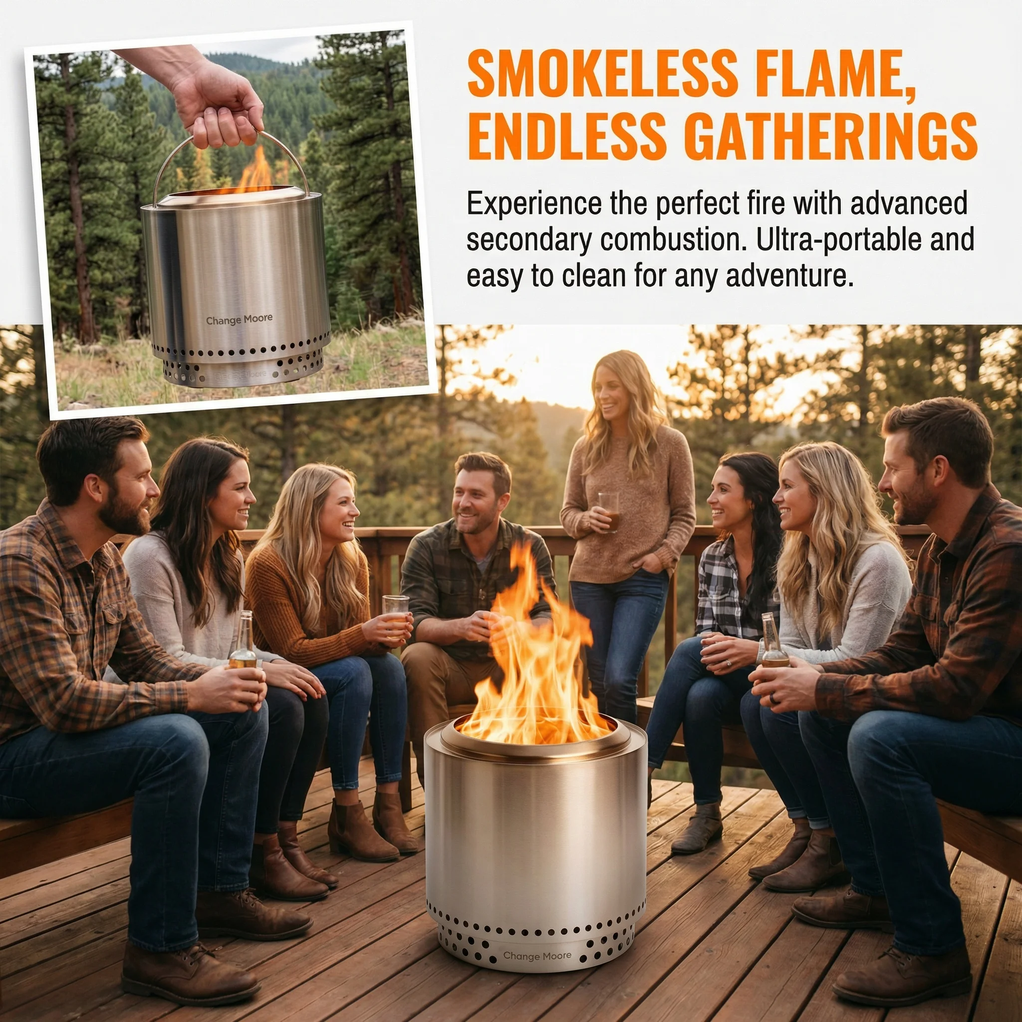Portable Tabletop Fire Pit, Stainless Steel Smokeless Fireplacefor Camping, Backyard, Bonfire, Includes Wooden Base Carry Bag