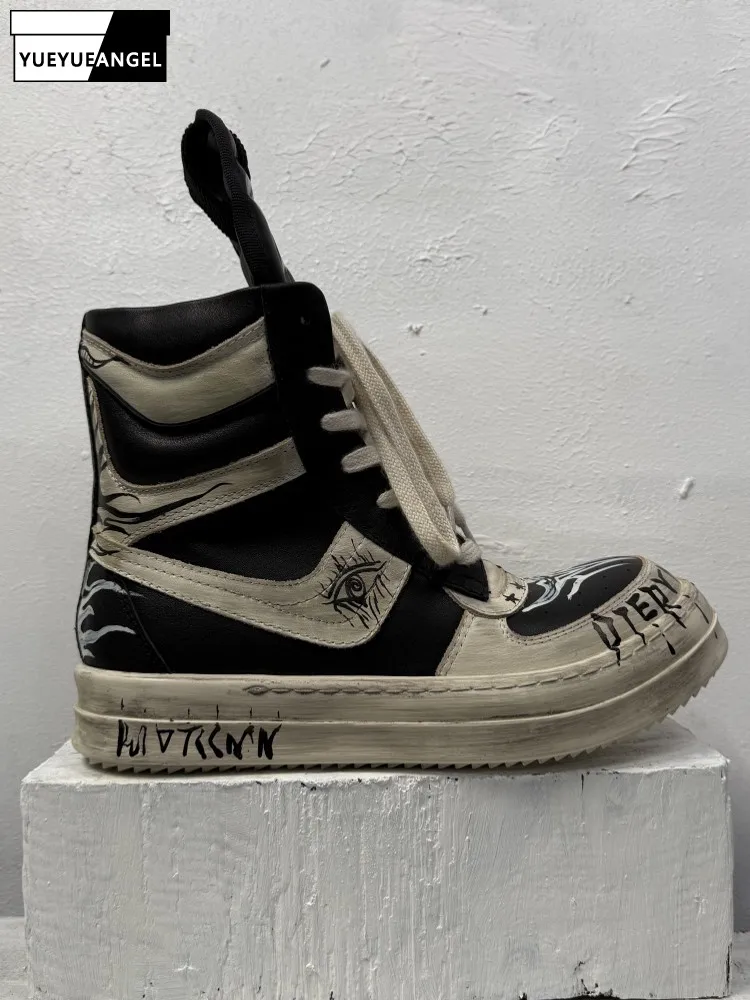 Gothic Designer Men Genuine Leather Sneakers Antiskid Wear-resistant Cowhide High Top Footwear Lace-Up Top-Quality Leisure Shoes