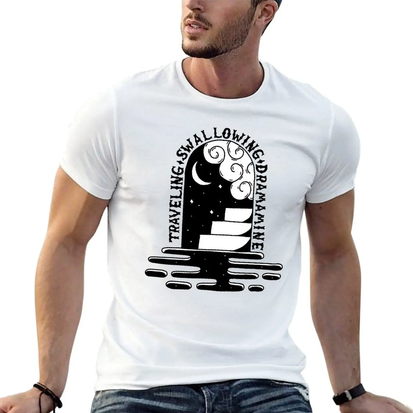 

Traveling, Swallowing, Dramamine. T-Shirt anime tshirt t shirts for man pack cotton T-Shirt