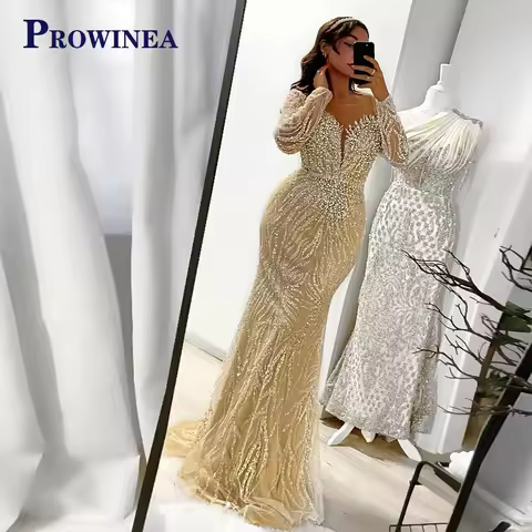 Prowinea Glamorous Long Sleeves Mermaid Prom Evening Dress Crystals Saudi Arabric Vestido De Fiesta Ceremony Party Customized