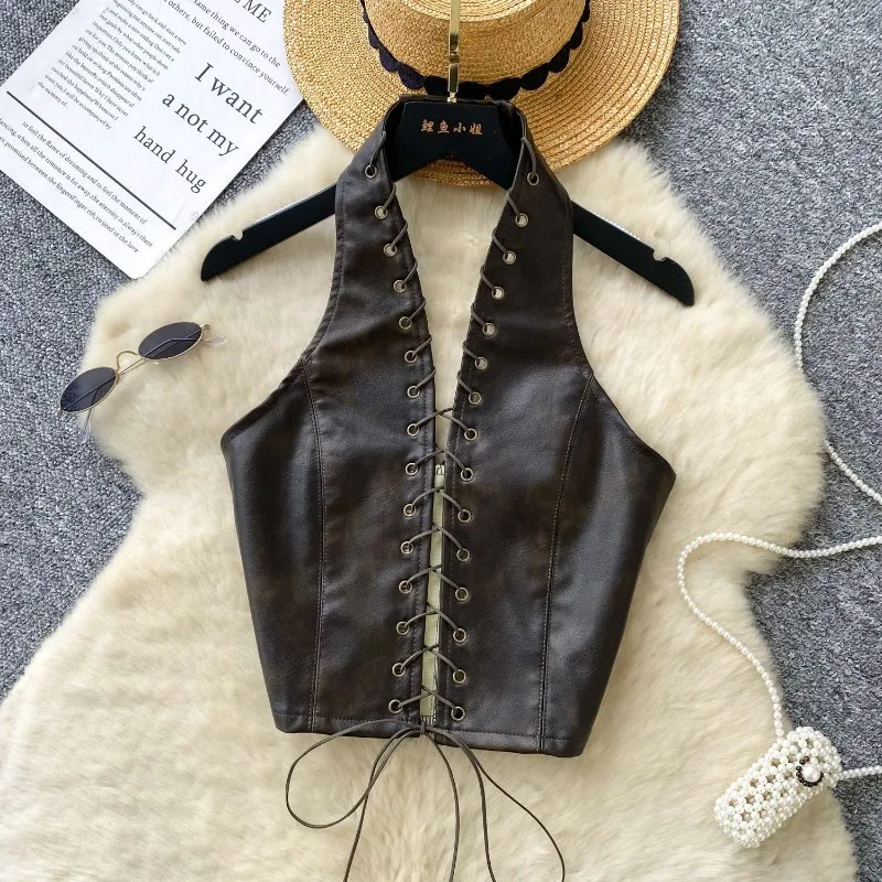 Tops Waistcoat Woman Autumn Winter Retro Sense of Design Hollow Out Bandage Artificial Leather Sexy Simple Comfortable Leisure