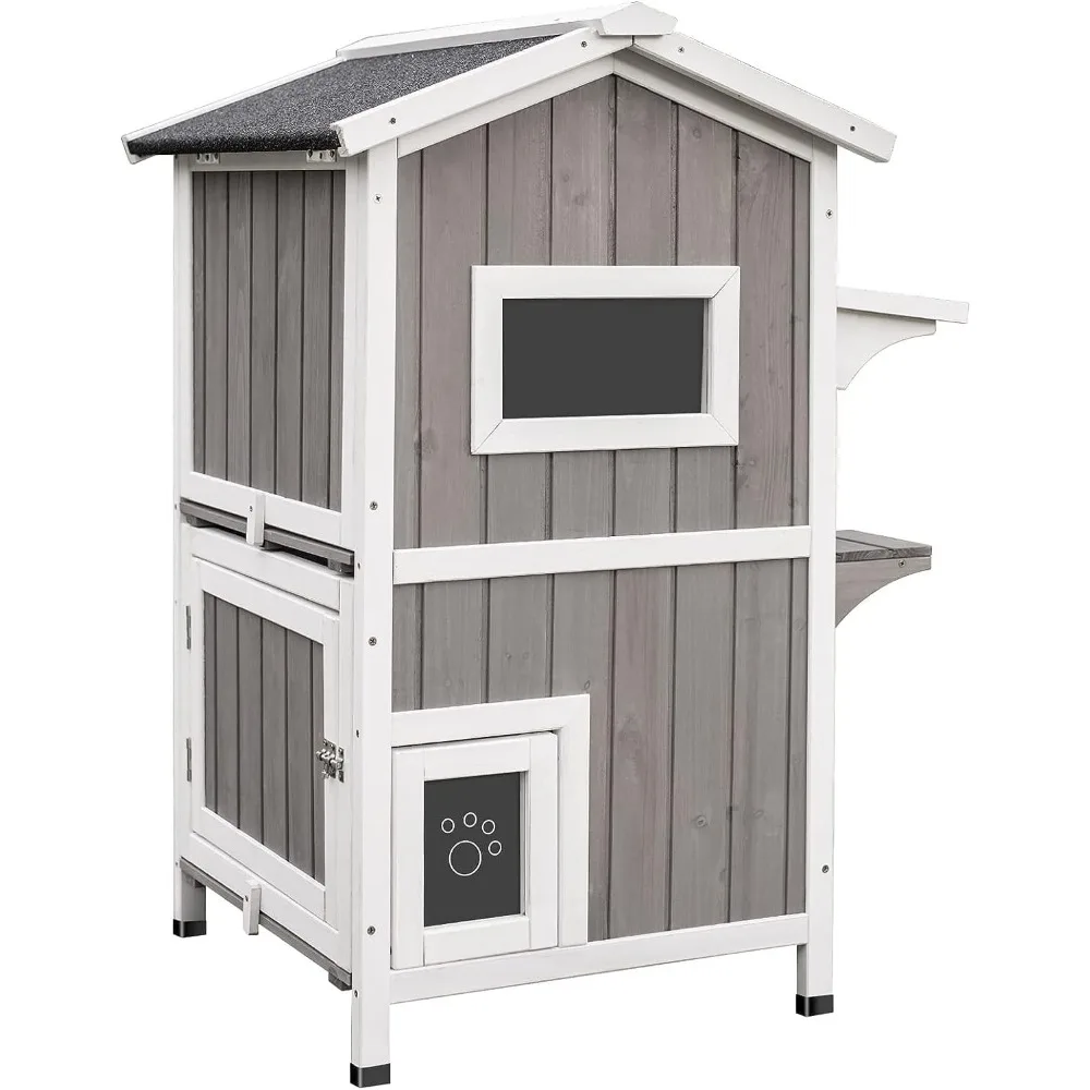 

Outdoor Cat Shelter Weatherproof, Two Story Wooden Outside Feral Cat House with Openable Roof, Escape Door