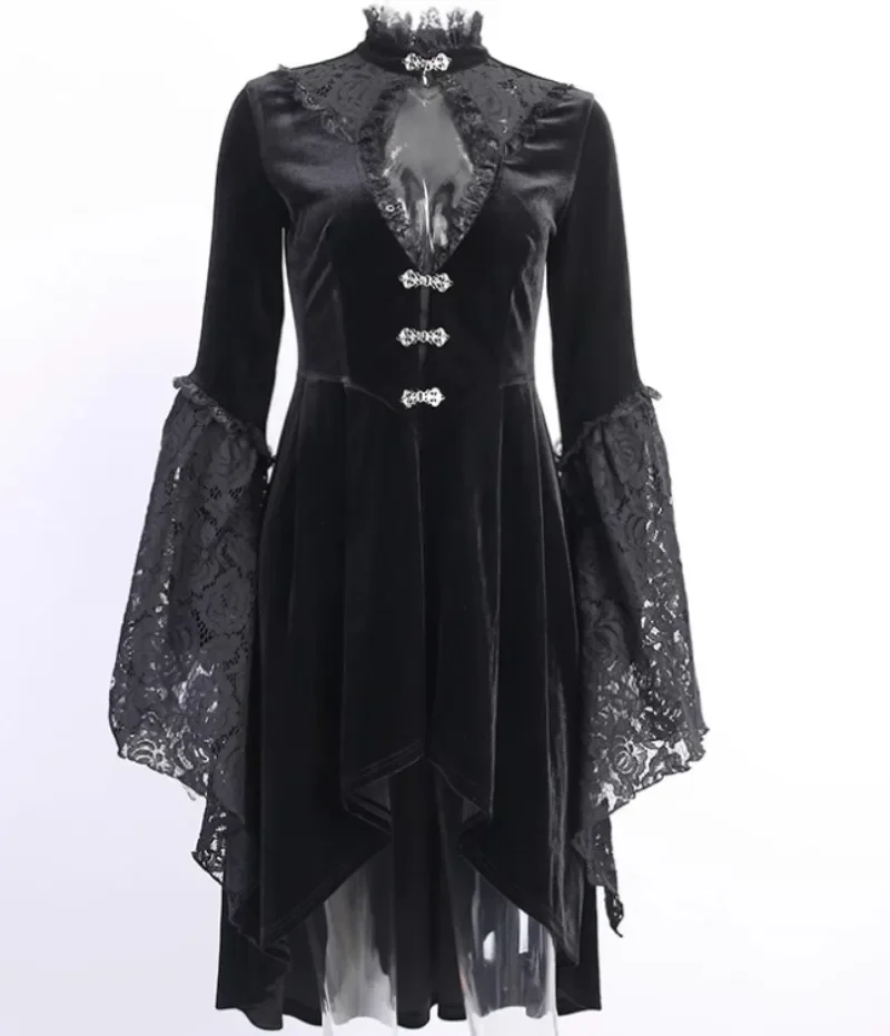 New Japanese Harajuku Punk Subculture Halloween Crew Neck Solid Color Dark Lolita Lace Fashionable and versatile Dress For Women