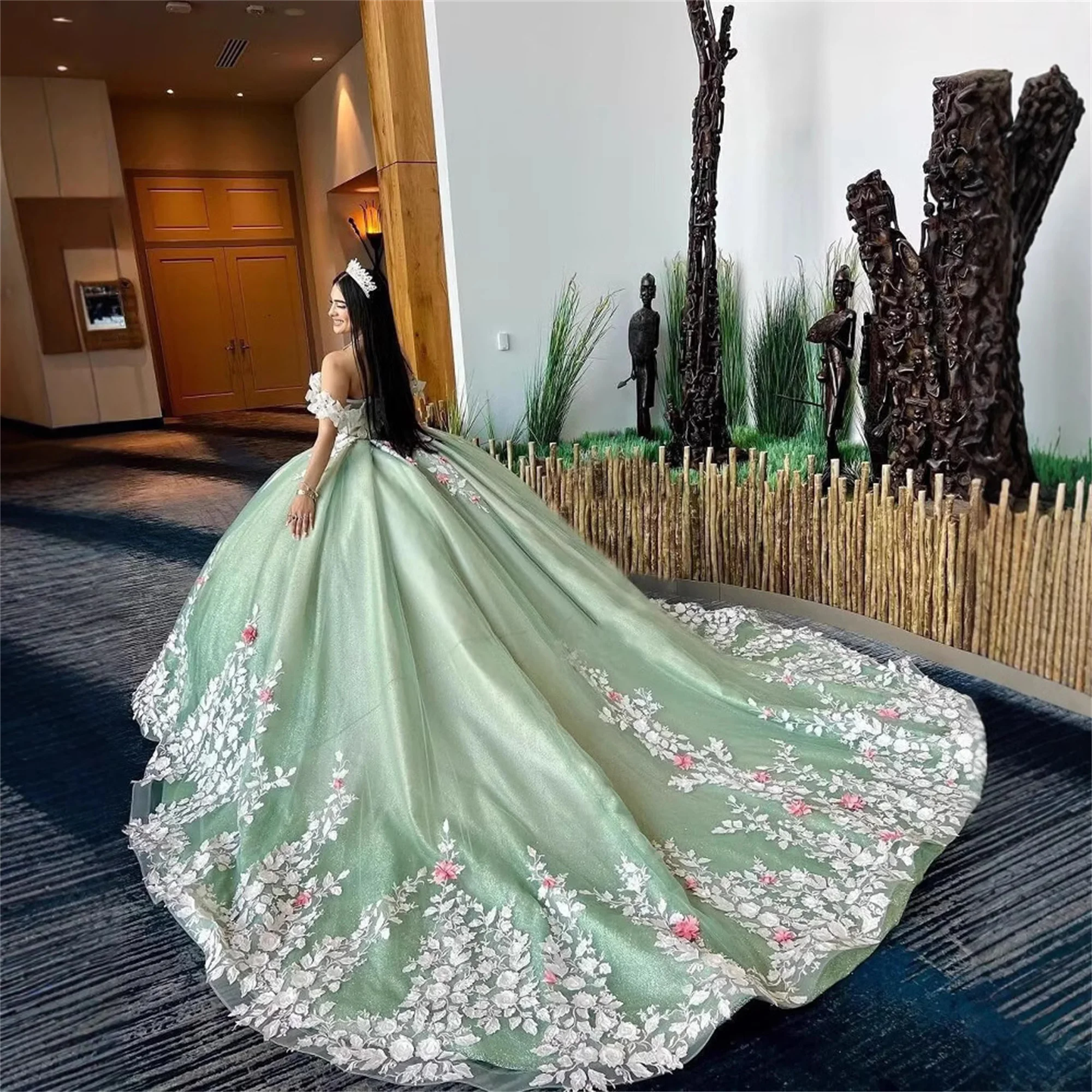 Jeheth sage verde quinceanera vestido 3d floral applique princesa vestido de baile renda tule miçangas aniversário pageant doce 16 vestido