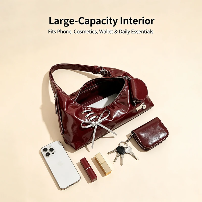 Y2k Girls Hobo Shoulder Bag, Lace‑Up Bow Handbag With Mini Purse,Korean Soft Pu Underarm Tote Bag For Women Daily Party Use - view 4