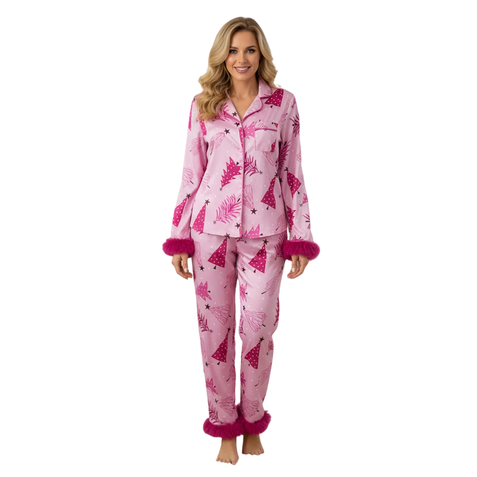 

Women’s 2 Piece Pajamas Set Cute Long Sleeve Christmas Tree Print Shirt Pants Set Lounge Clothes
