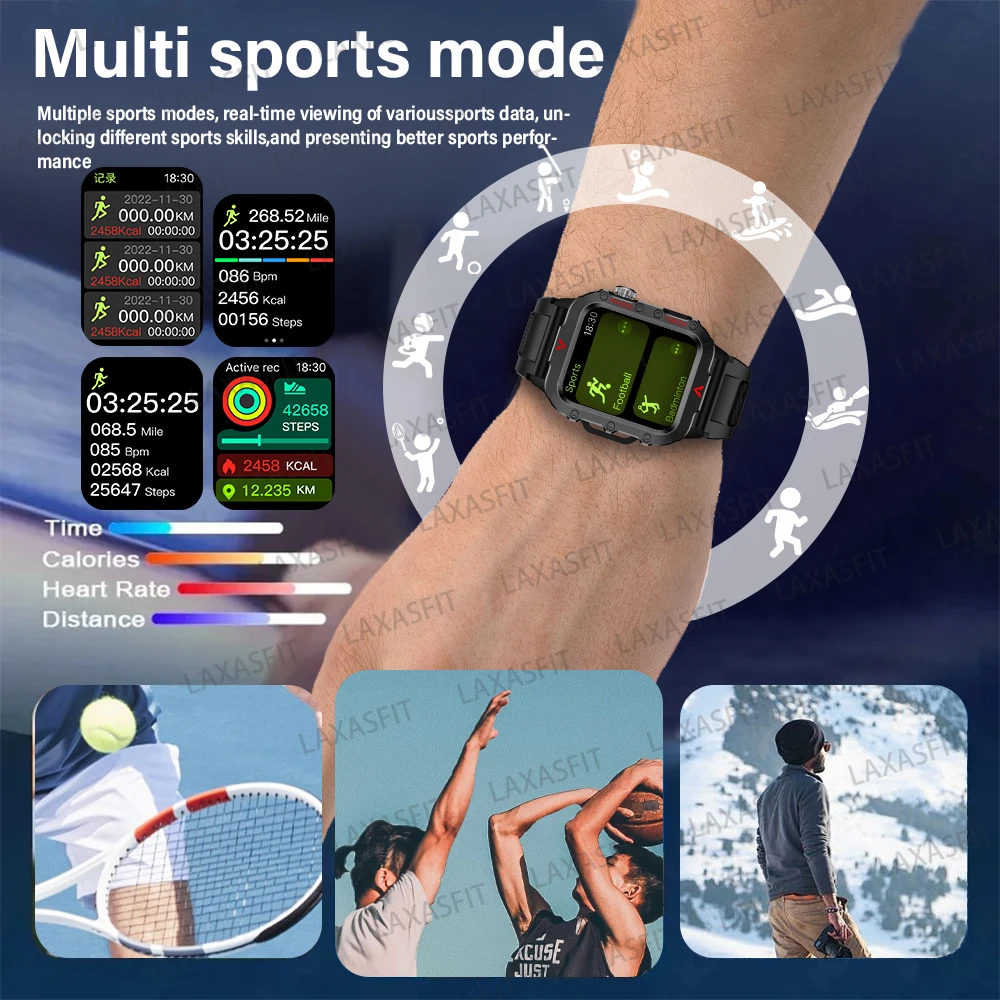 LAXASFIT 2024 Relógio inteligente militar masculino ao ar livre Bluetooth Talk Sports Monitor de frequência cardíaca Relógio inteligente Android IOS