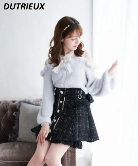 Sweet Lolita Winter Clothes Women Off Shoulder Sweater Pullover Student Elegant Long Sleeve Knitwear Bow Lace Waist Slim Sweater