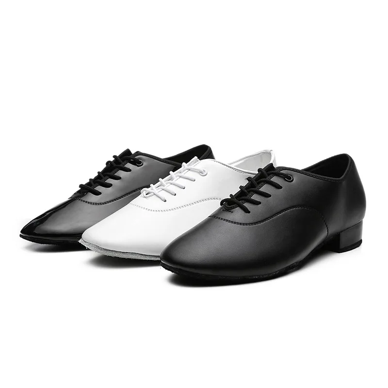 Men's Adult Modern Dance Shoes Waltz Dance Shoes Low Heel Square Dance Bright Leather Soft Sole Fur Sole Black and White