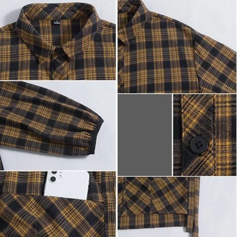Spring and Autumn Women's Checkered Cardigan Polo Button Long Sleeve Shirt Lantern Sleeve Shirt Fashion Loose Casual Coat Tops
