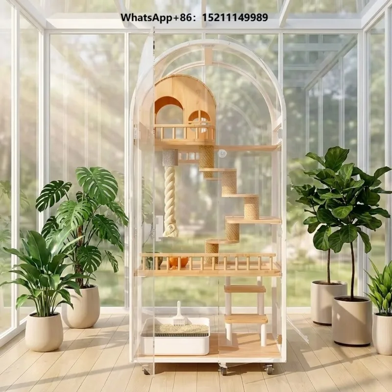 Big Indoor Cat House Solid Wood Pet Cages Houses Cat Villa Transparent Door Living Room